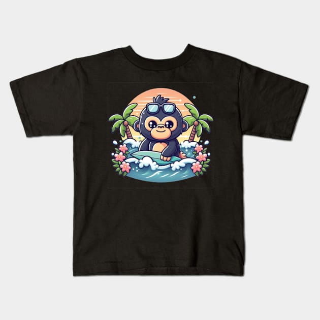 Cute Surfing Gorilla Kids T-Shirt by The Art-Mart